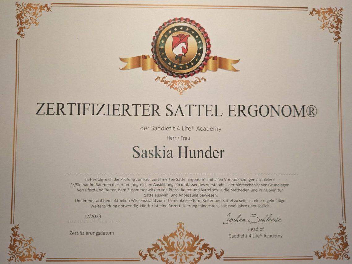 Zertifikat Zertifizierter Sattel Ergonom® der Saddlefit 4 Life® Academy – Saskia Hunder, ausgestellt Dezember 2023