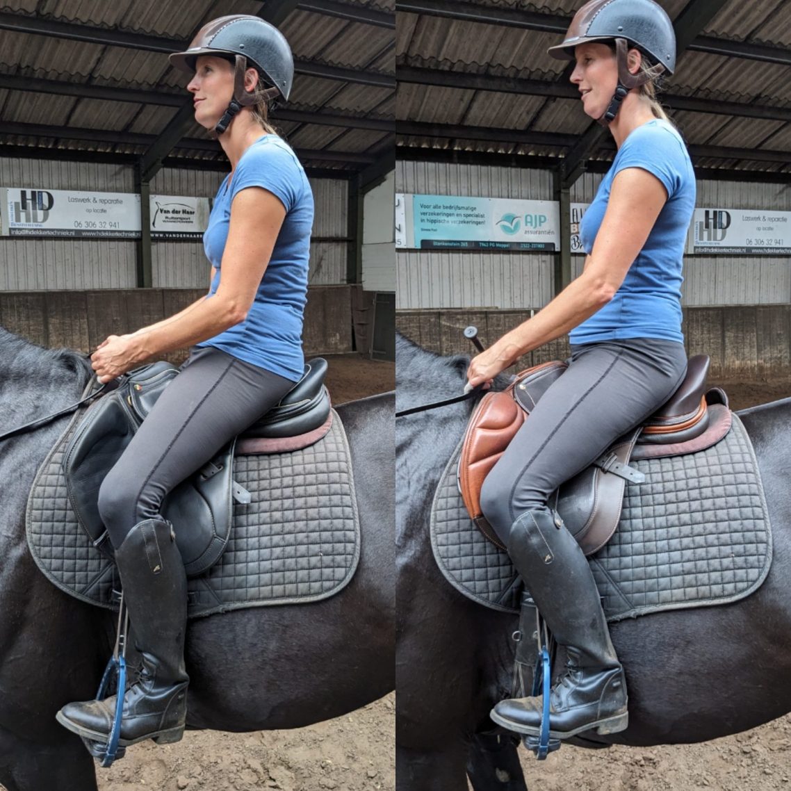 Voor-na vergelijking: ruiter in slecht passend zadel versus correct afgestemd Schleese zadel – verschil in zithouding en balans